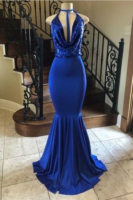 Royal Blue Sequin V-Neck Halter Mermaid Prom Dress