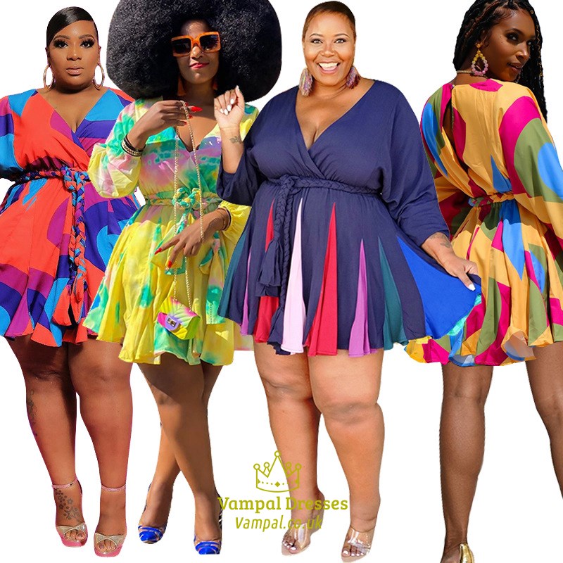 Floral Printed Long Sleeve Wrap V-Neck Pleated Plus Size Dress