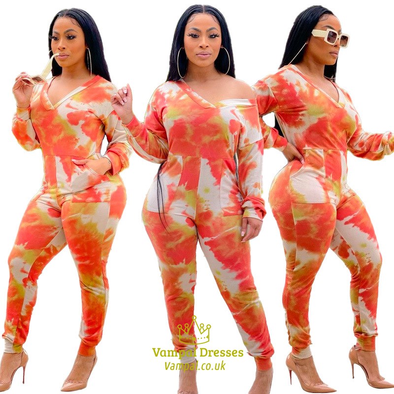 Long Sleeve Plus Size Tie Dye Printed Jumpsuit