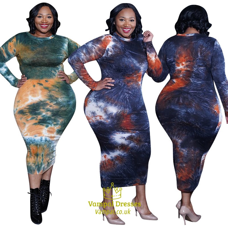 Tie Dye Printed Long Sleeve Plus Size Bodycon Midi Dress