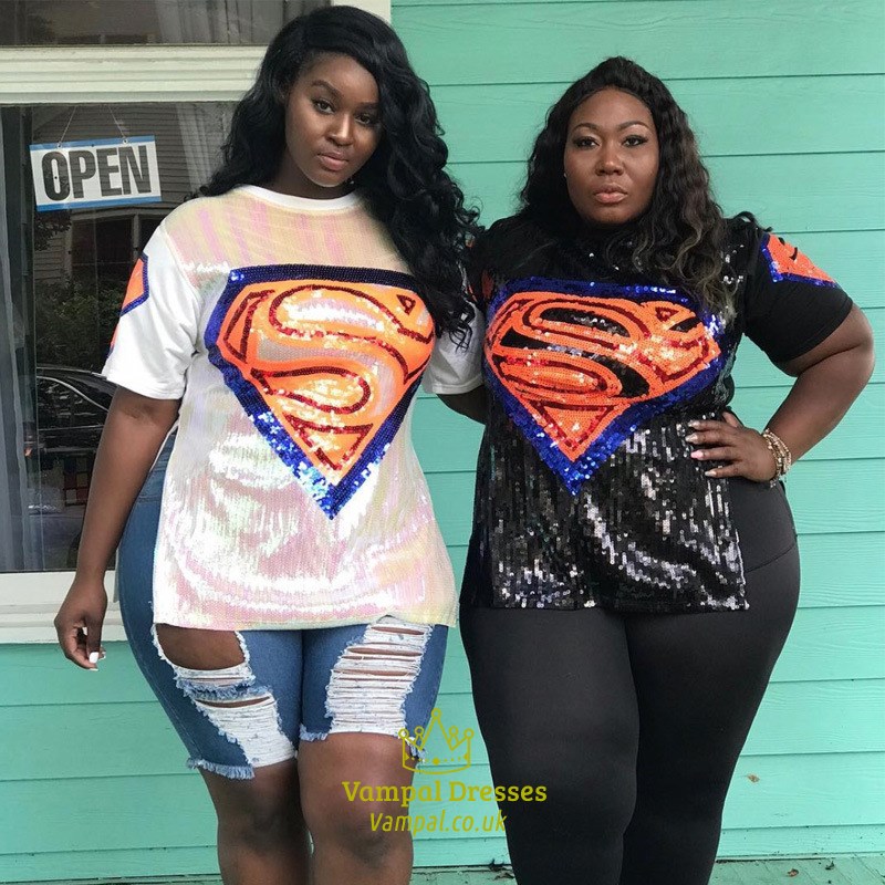 Short Sleeves Sequined Plus Size Tops With Side Split