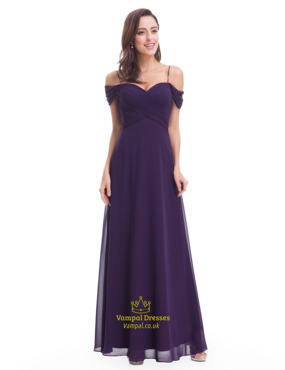 Aubergine Chiffon-Bodenlanges Brautjungfernkleid Mit Trägern Und Verzierungen