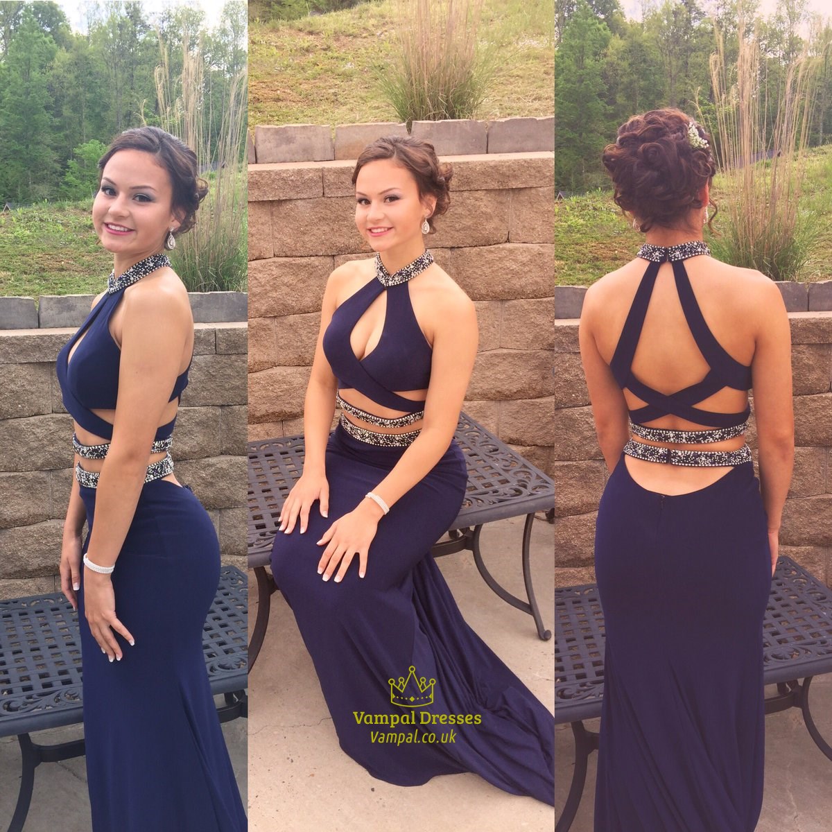 Navy Blue High Neck Beaded Bodice Backless Mermaid Prom Dress