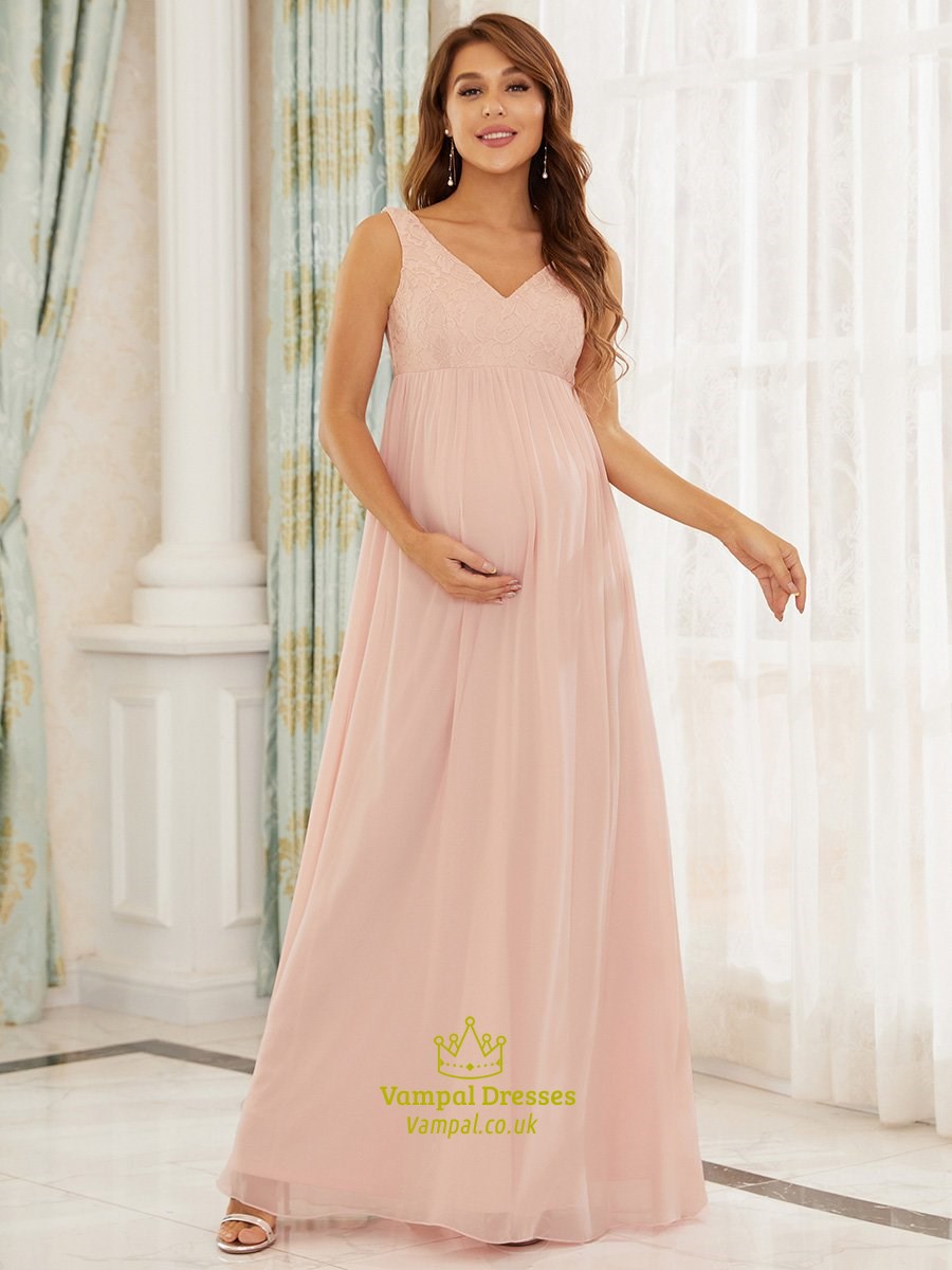 Pink Chiffon A-Line V Neck Sleeveless Lace Bodice Maternity Dresses