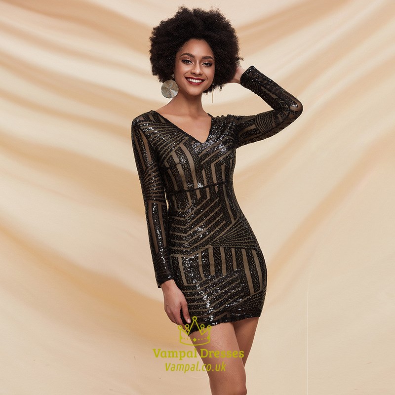 Sequin V-Neck Homecoming Party Dress With Long Sleeves
