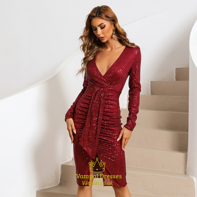 Burgundy V-Neck Sequin Split Front Cocktail Dress With Long Sleeves