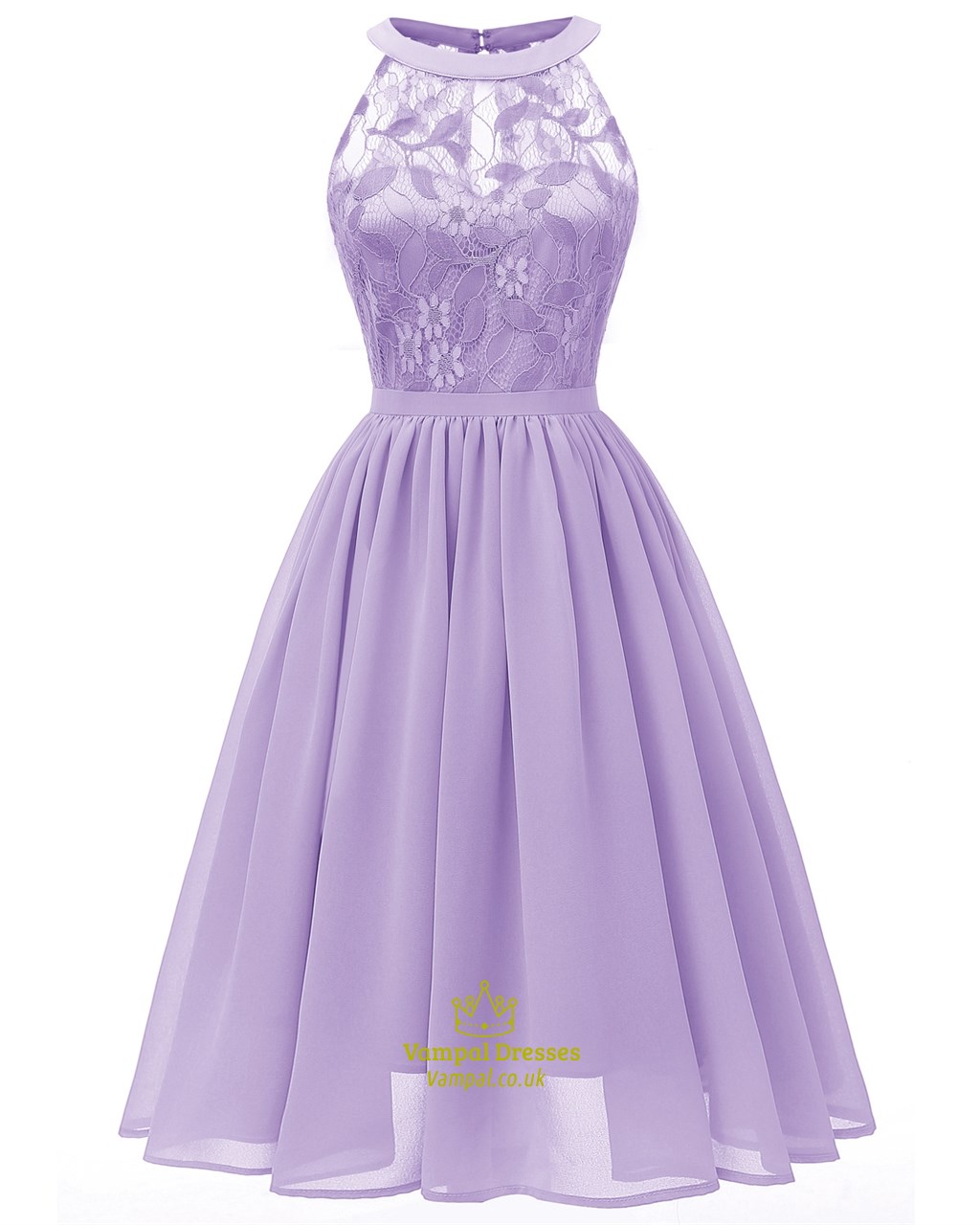 Chiffon High Neck Halter Cocktail Dresses With Lace Bodice