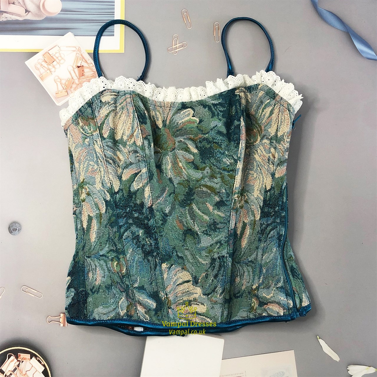 Oil Painting Jacquard Spaghetti Strap Corset With Lace Trim