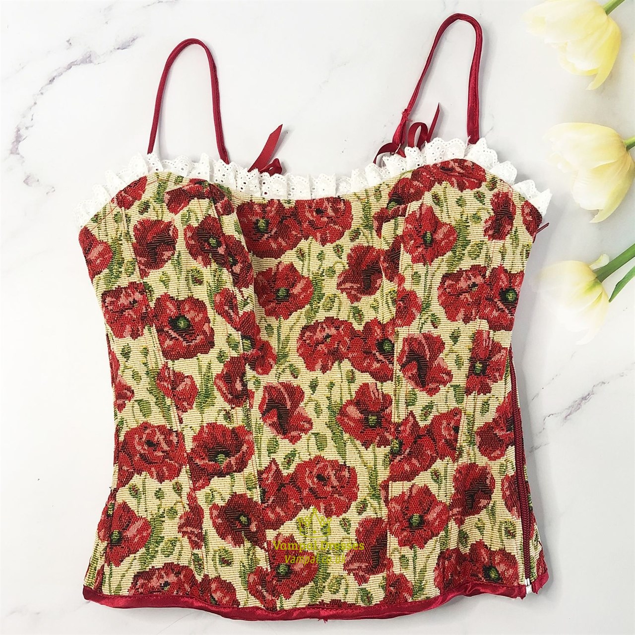 Red Oil Painting Jacquard Spaghetti Straps Corsets