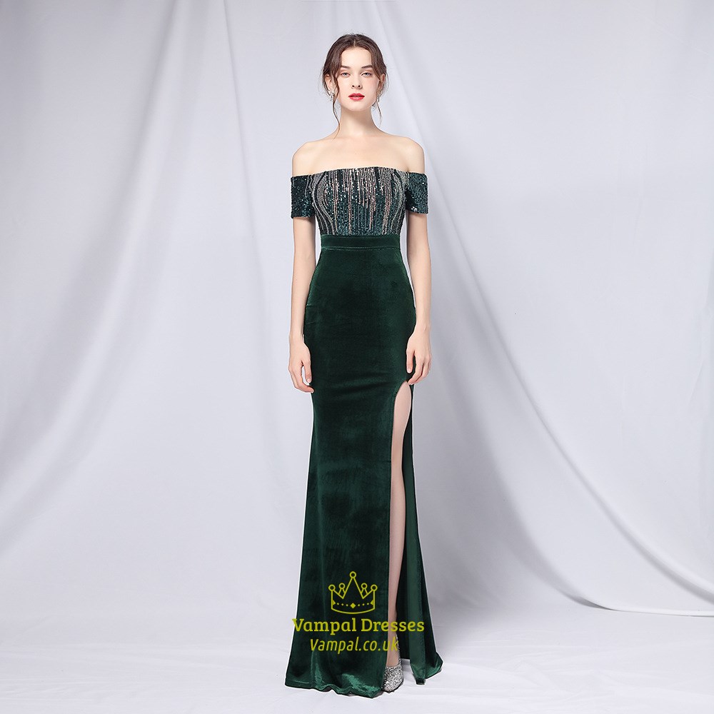 Off The Shoulder Sequin Bodice Split Front Prom Dress