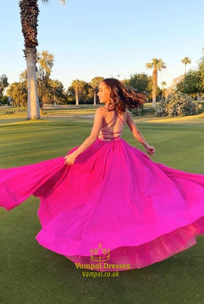 Long V-Neck Chiffon Open Back Prom Dresses With Criss-Cross Straps