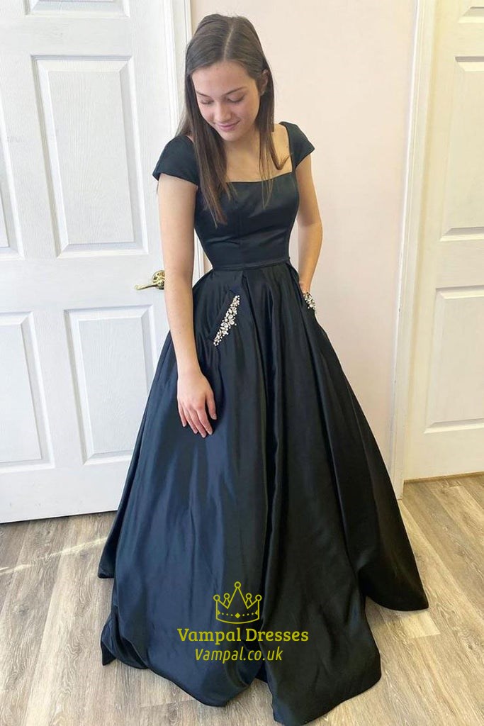 A-Line Satin Open Back Long Prom Dress With Cap Sleeves