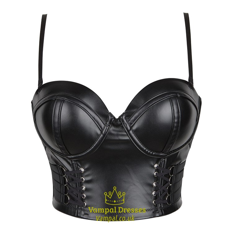 Kurzes Shaper-Korsett aus schwarzem Leder mit Spaghettiträgern