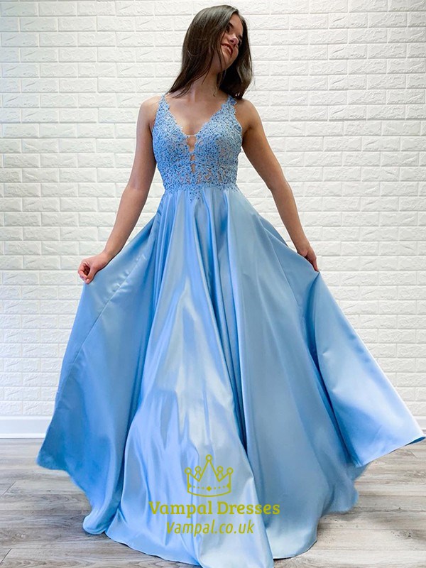 Blue A-Line Satin Beaded Lace Applique V-Neck Sleeveless Prom Dress