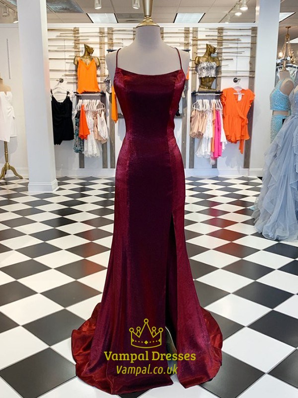 Burgundy Mermaid Split Front Prom Dress With Criss-Cross Straps
