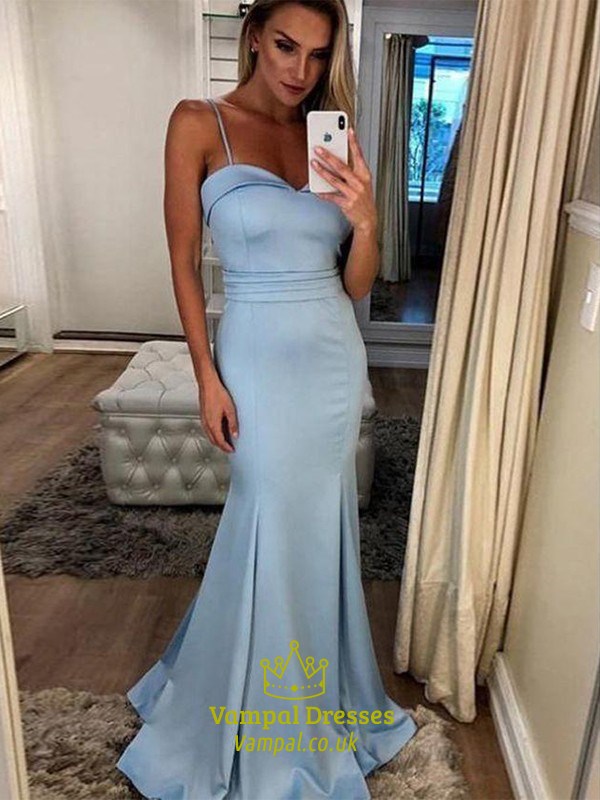 Blue Mermaid Spaghetti Strap Floor-Length Satin Prom Dress