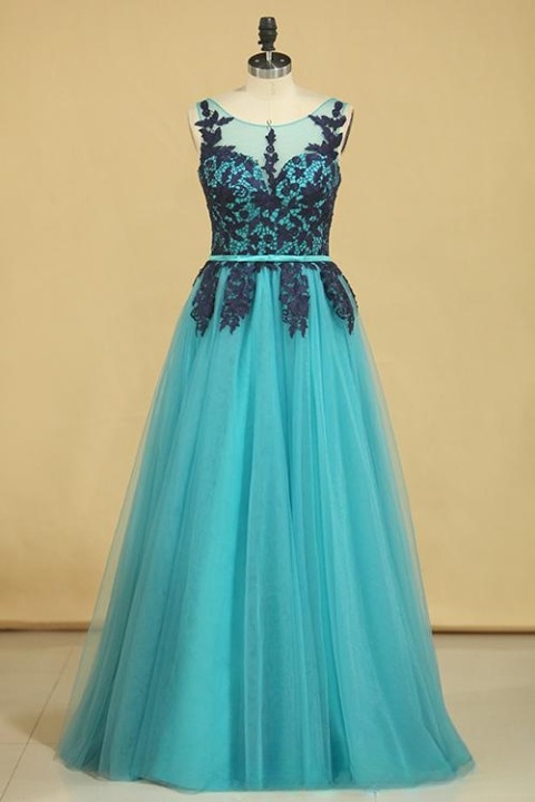 Turquoise Sleeveless Long Tulle Formal Gown With Lace Applique Top