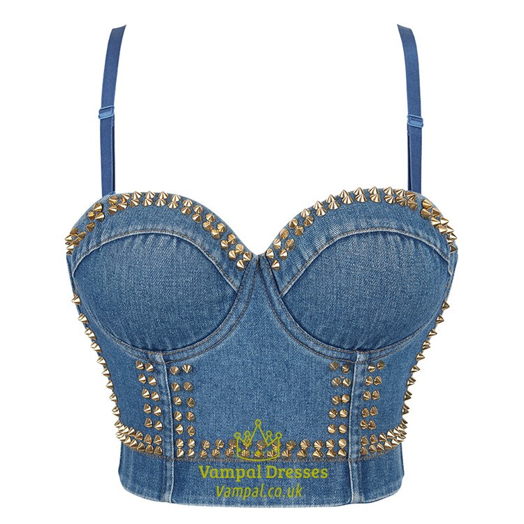 Denim Bustier Crop Top Overbust Jeans Corset With Rivet Embellished
