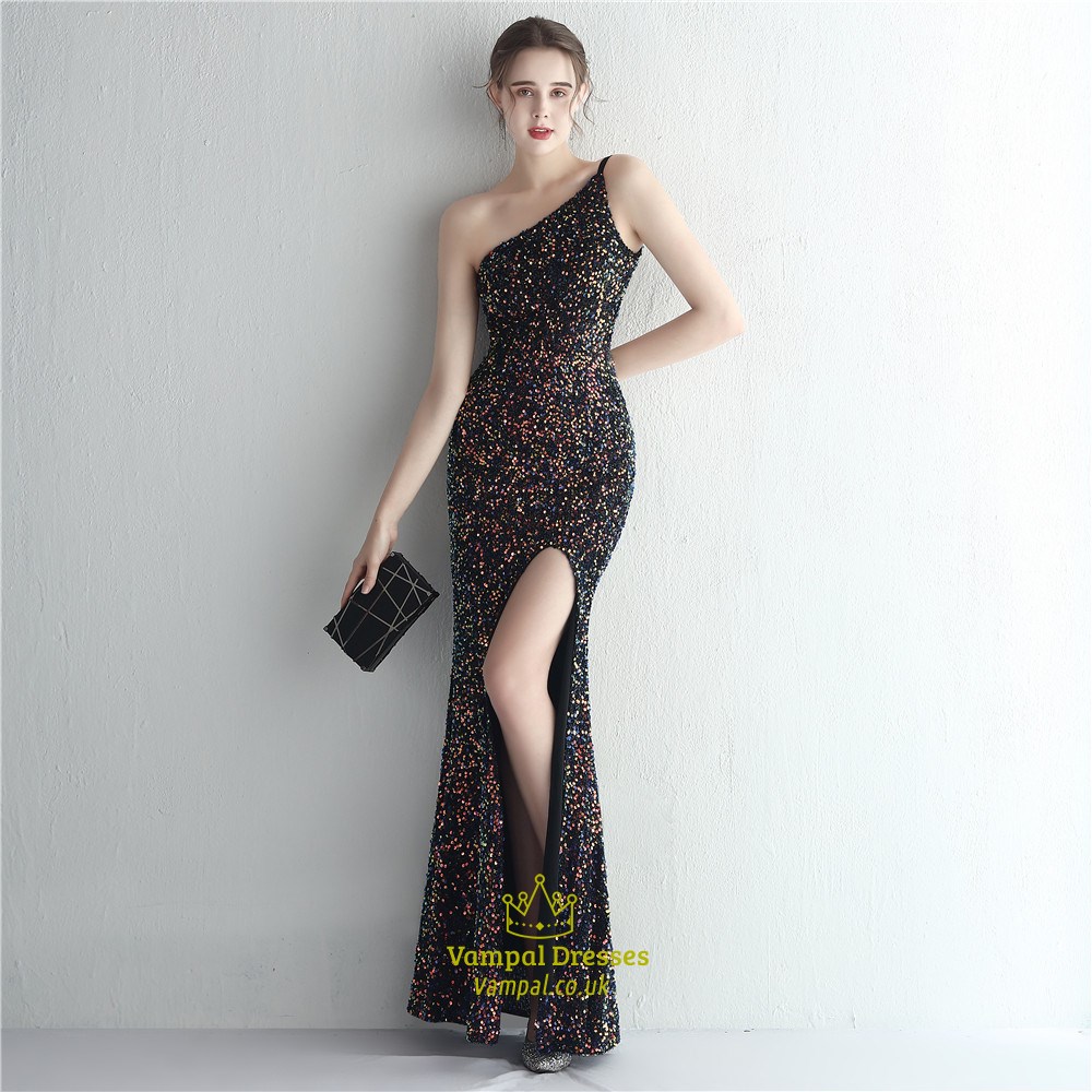 Long One Shoulder Sequin Overlay Split Front Prom Dress