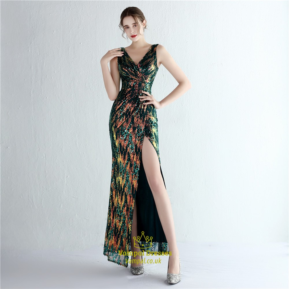 Sequin V-Neck Sleeveless Pleated Split Front Prom Dress