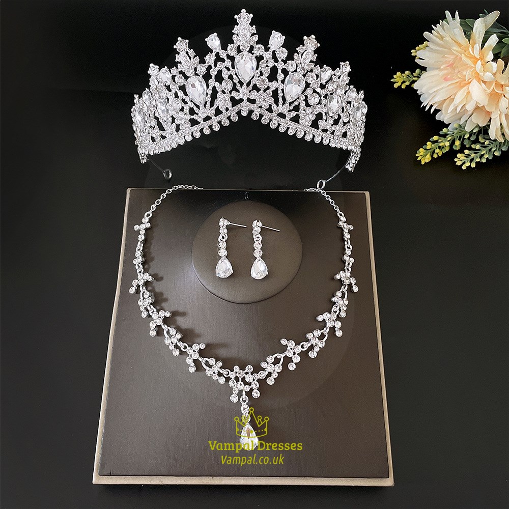 Bridal Tiara Necklace And Earring Sets With Rhinestone Accents