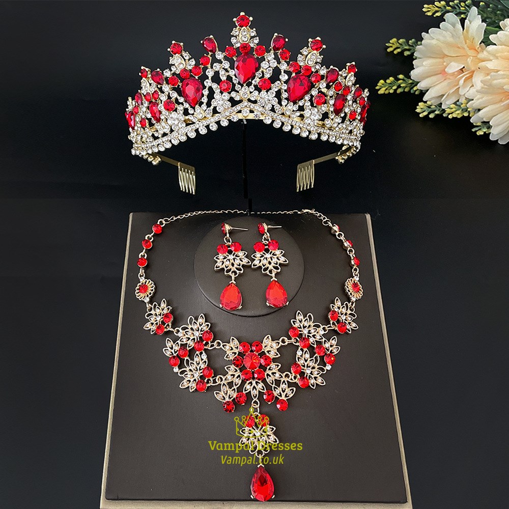Bridal Tiara Necklace And Earring Sets With Rhinestone Accents