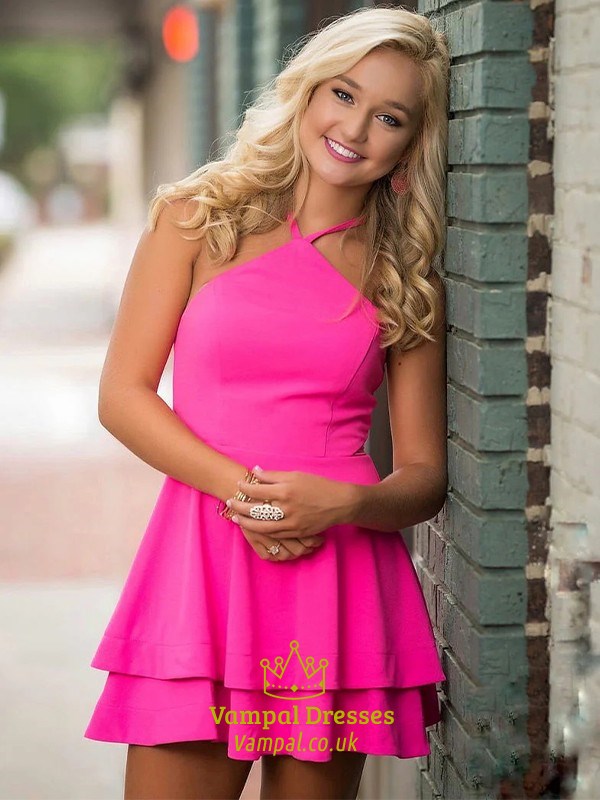 Hot Pink Layered Halter Sleeveless Short/Mini Cocktail Dresses