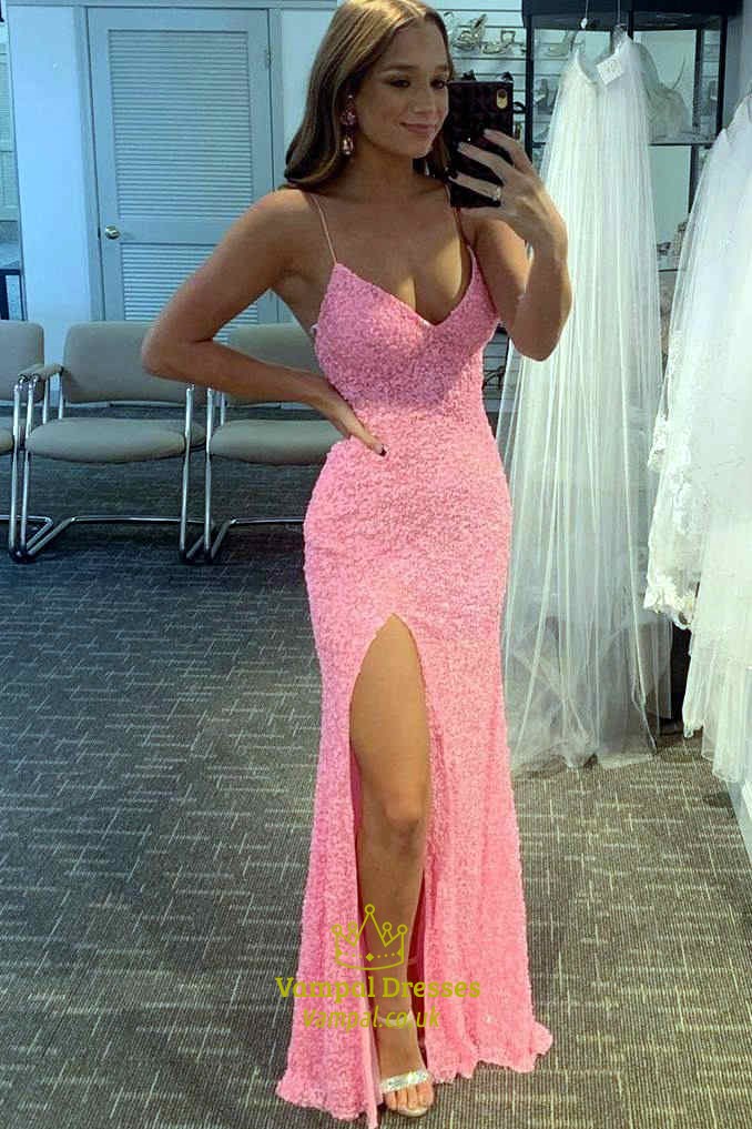 Mermaid Sequin Spaghetti Strap V-Neck Long Prom Dress With Slit