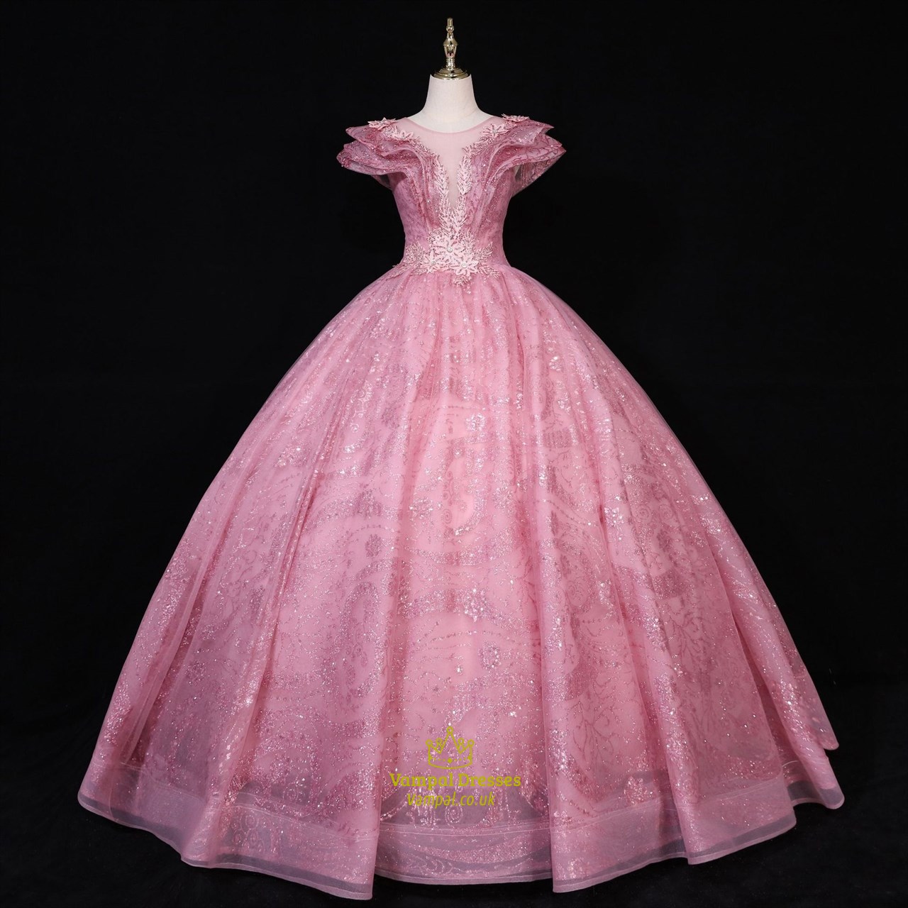 Lace Applique Cap Sleeves Ball Gown Dresses With Open Back