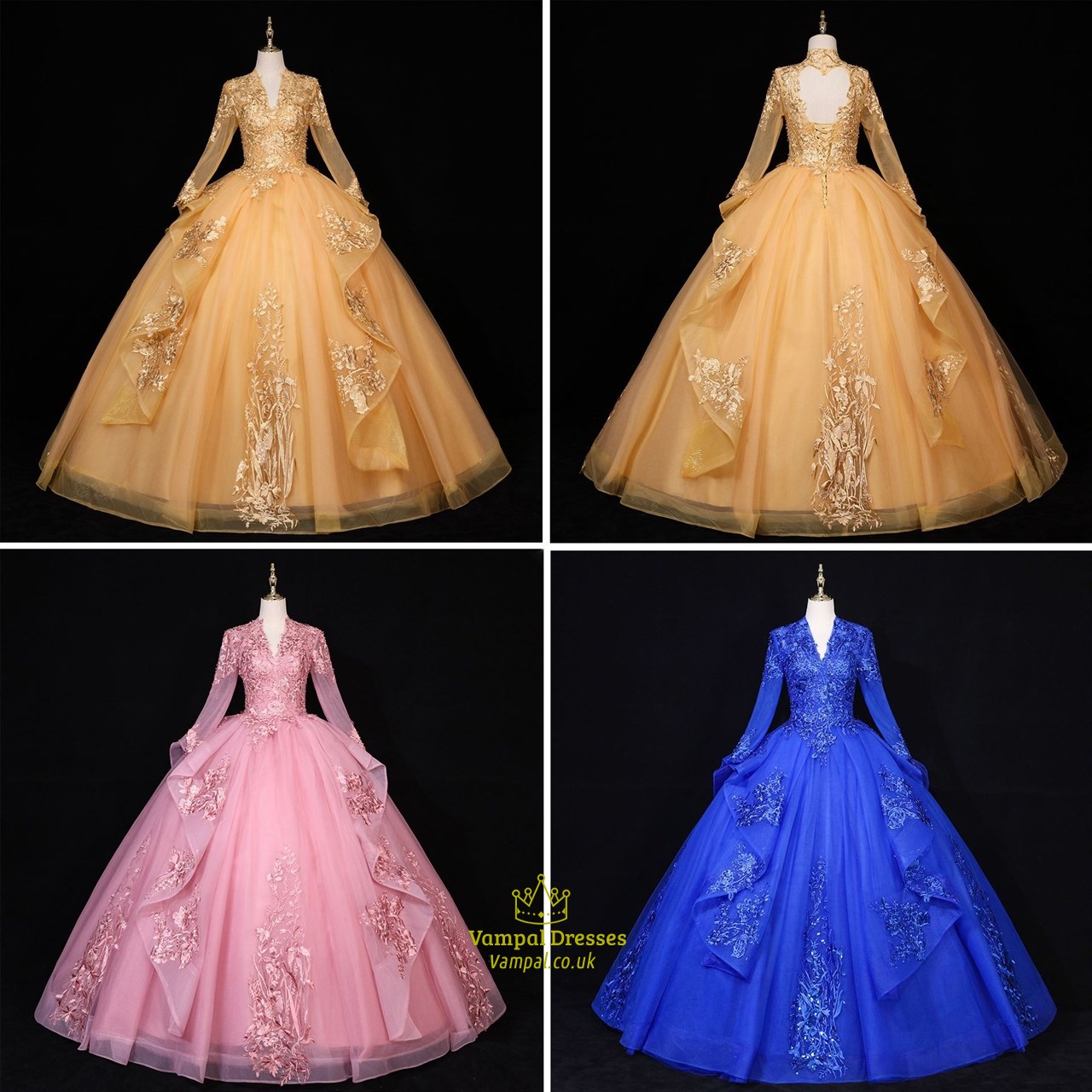 Lace Applique Keyhole Back Ball Gown Dresses With Long Sleeves