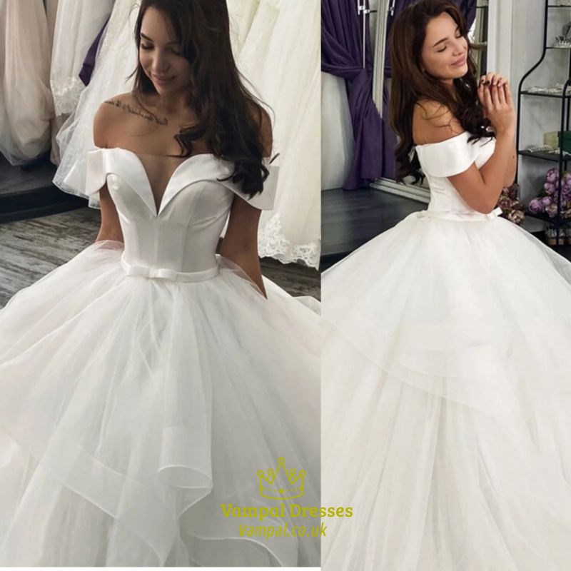 Off The Shoulder A-Line Layered Tiered Tulle Wedding Dress