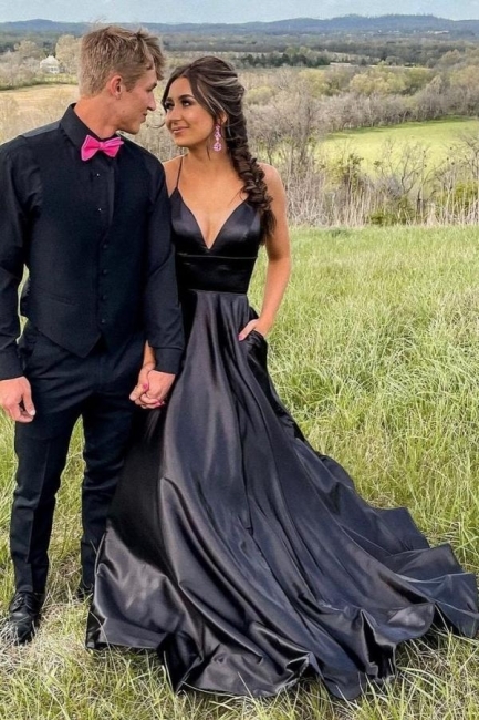 Deep V-Neck Satin Spaghetti Strap Prom Dress With Pockets