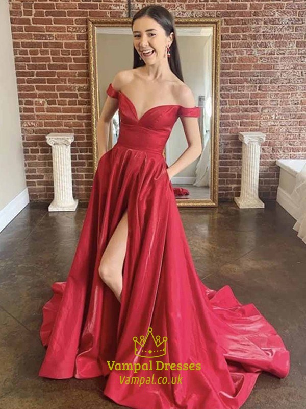 Burgunder-A-Linie-Schulterfrei-Vorne-Geschlitztes-Prom-Kleid