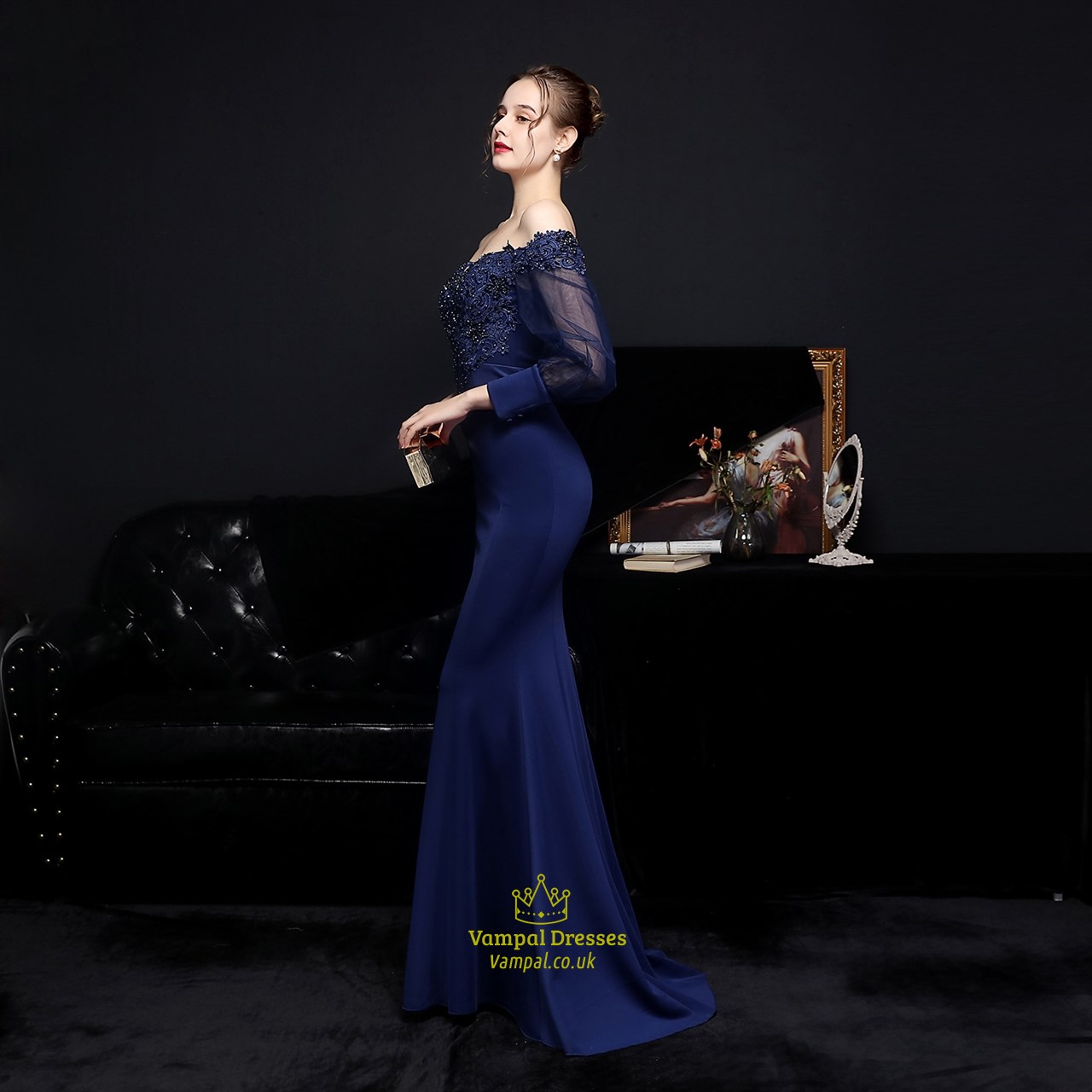 Navy Blue Off The Shoulder Lace Applique Mermaid Long Sleeves Prom ...