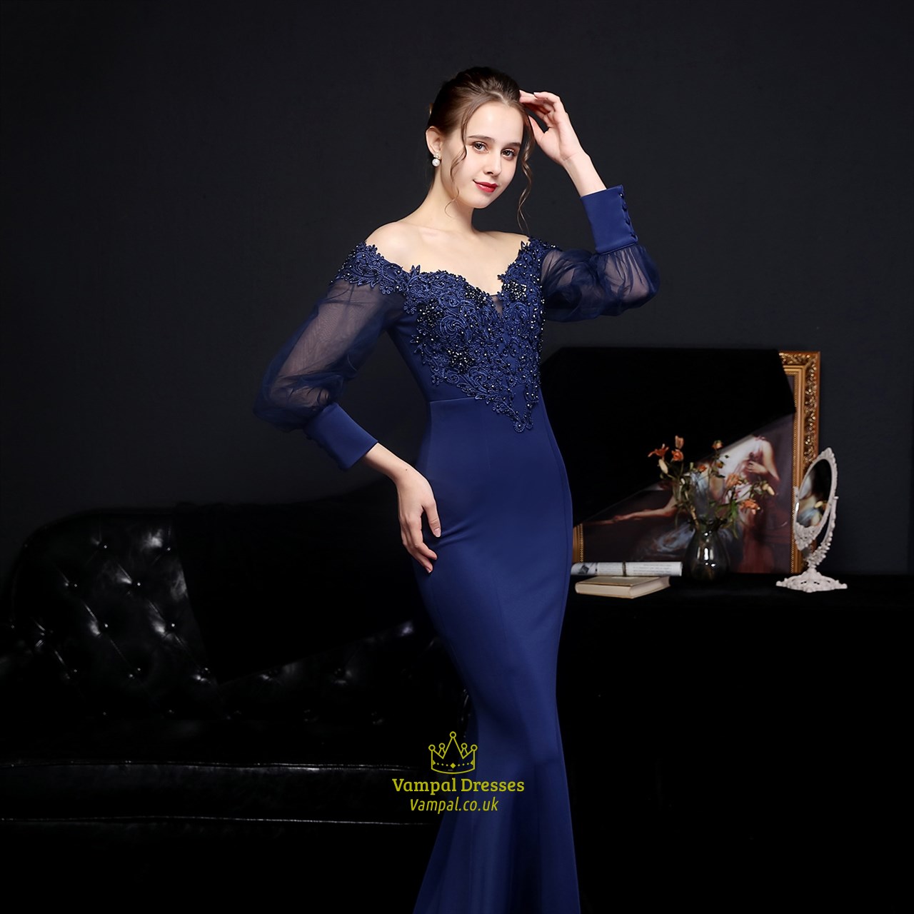 Navy Blue Off The Shoulder Lace Applique Mermaid Long Sleeves Prom ...