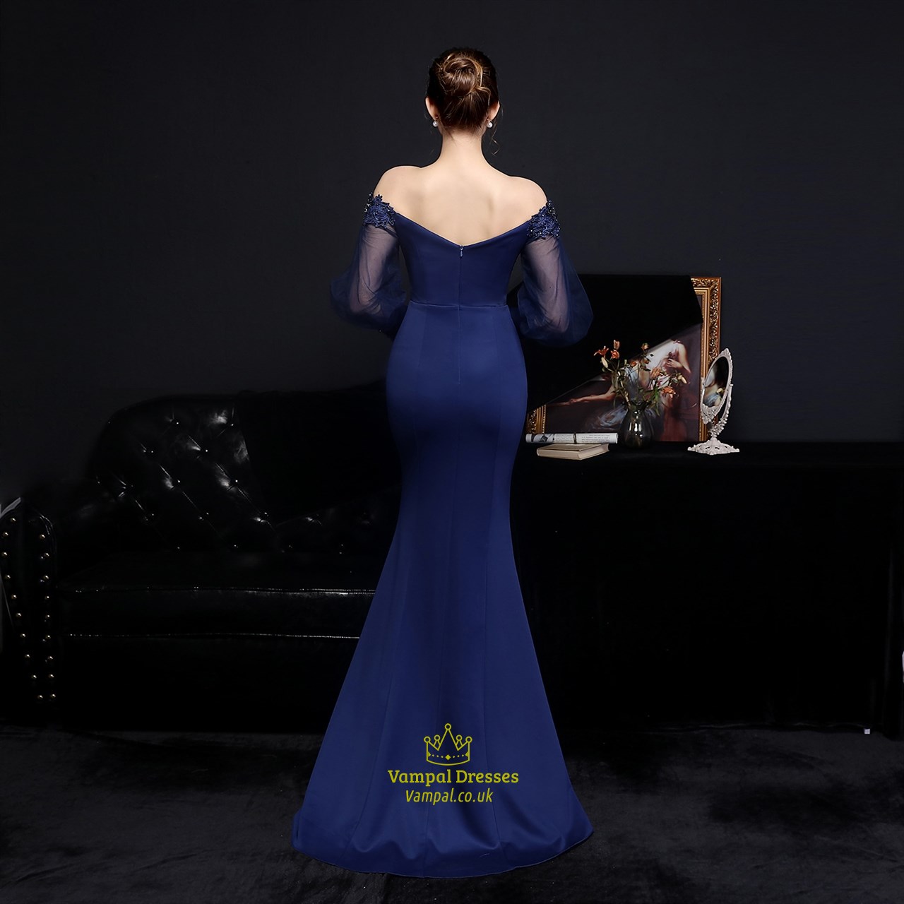 Navy Blue Off The Shoulder Lace Applique Mermaid Long Sleeves Prom ...