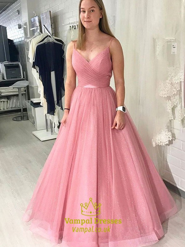 Rosa A-Linien Kleid mit Raffungen, V-Ausschnitt, Spaghettiträgern und offenem Rücken