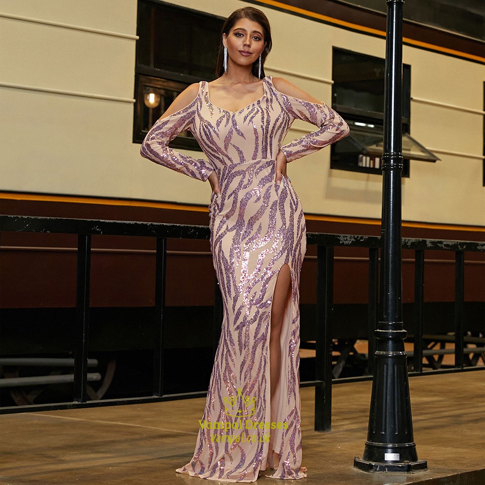 Sheath U-Neck Sequin Backless Prom Dress With Long Sleeve