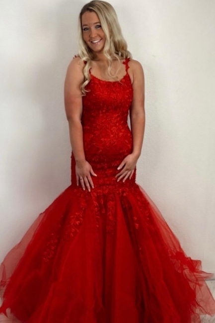 Red Lace Applique Tulle Mermaid Prom Dress With Open Back