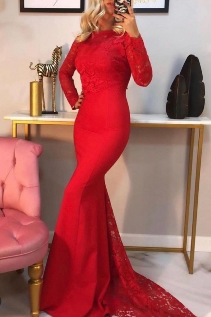 Rotes High-Neck-Mermaid-Prom-Kleid mit Spitzenverzierungen und langen Ärmeln