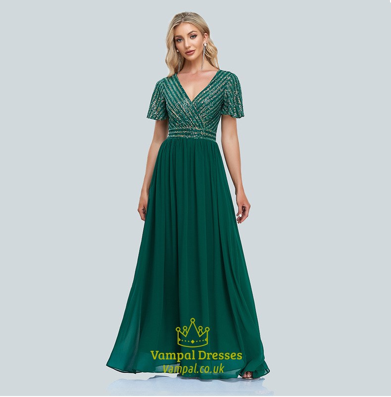 V-Neck-Prom-Kleid aus Chiffon mit Paillettenoberteil und kurzen Ärmeln