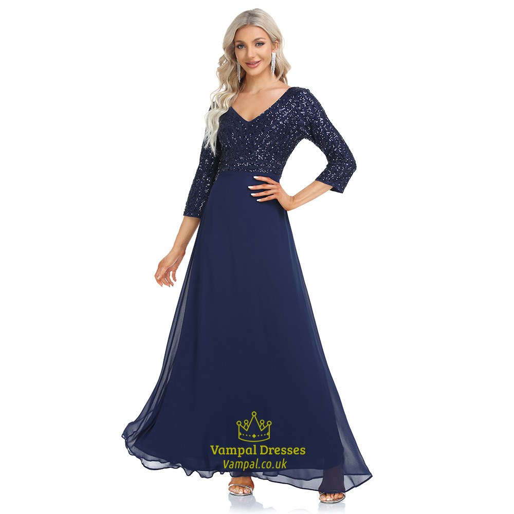 V-Neck Sequin Bodice Chiffon Prom Dress With Three Quarter Sleeves