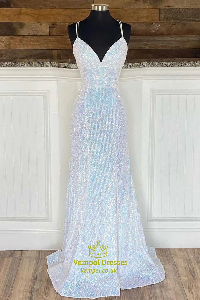Sequin V-Neck Empire Long Backless Prom Dress With Criss-Cross Straps