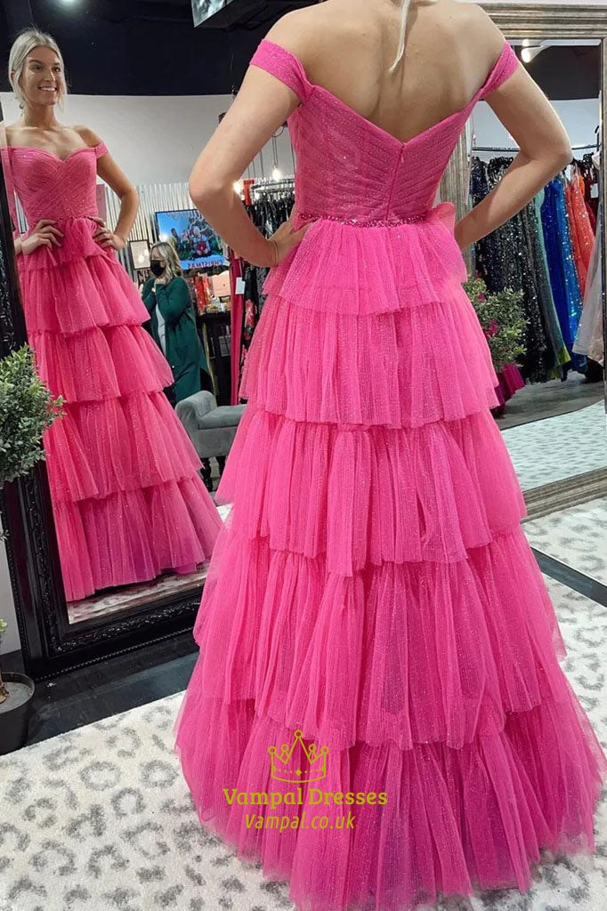Hot Pink Off The Shoulder Ruched Tiered Ruffle Tulle Evening Gown