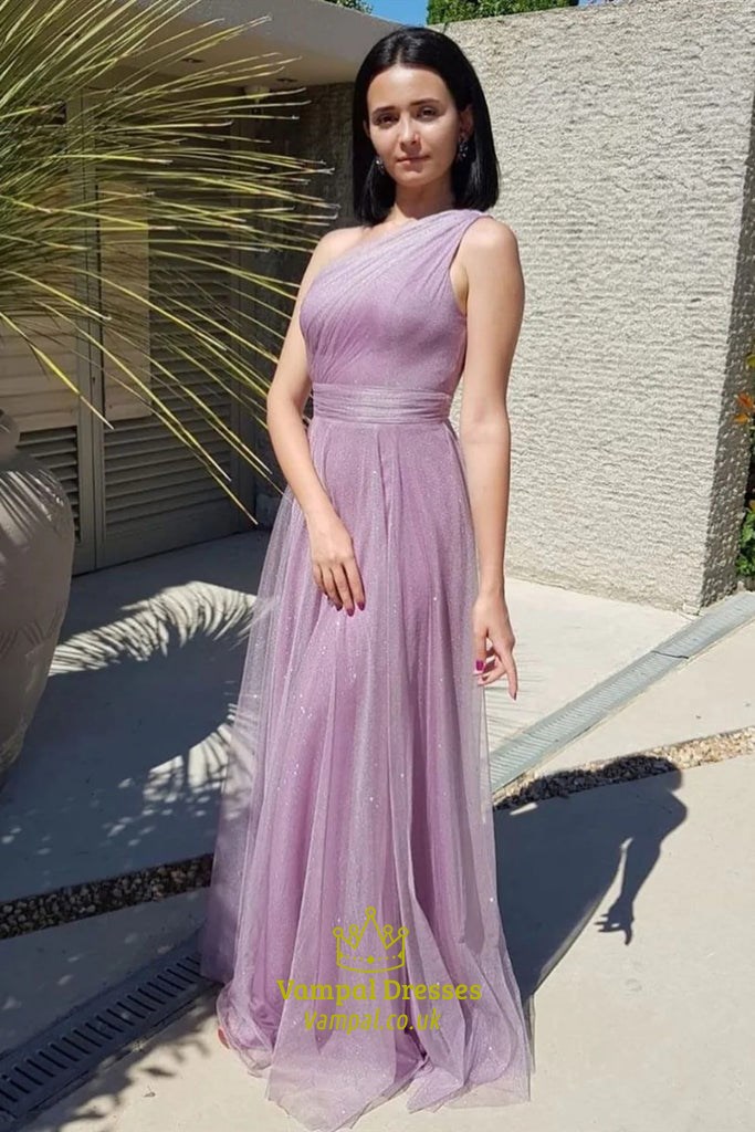 Purple One Shoulder Ruched Bodice Long Tulle Prom Dress
