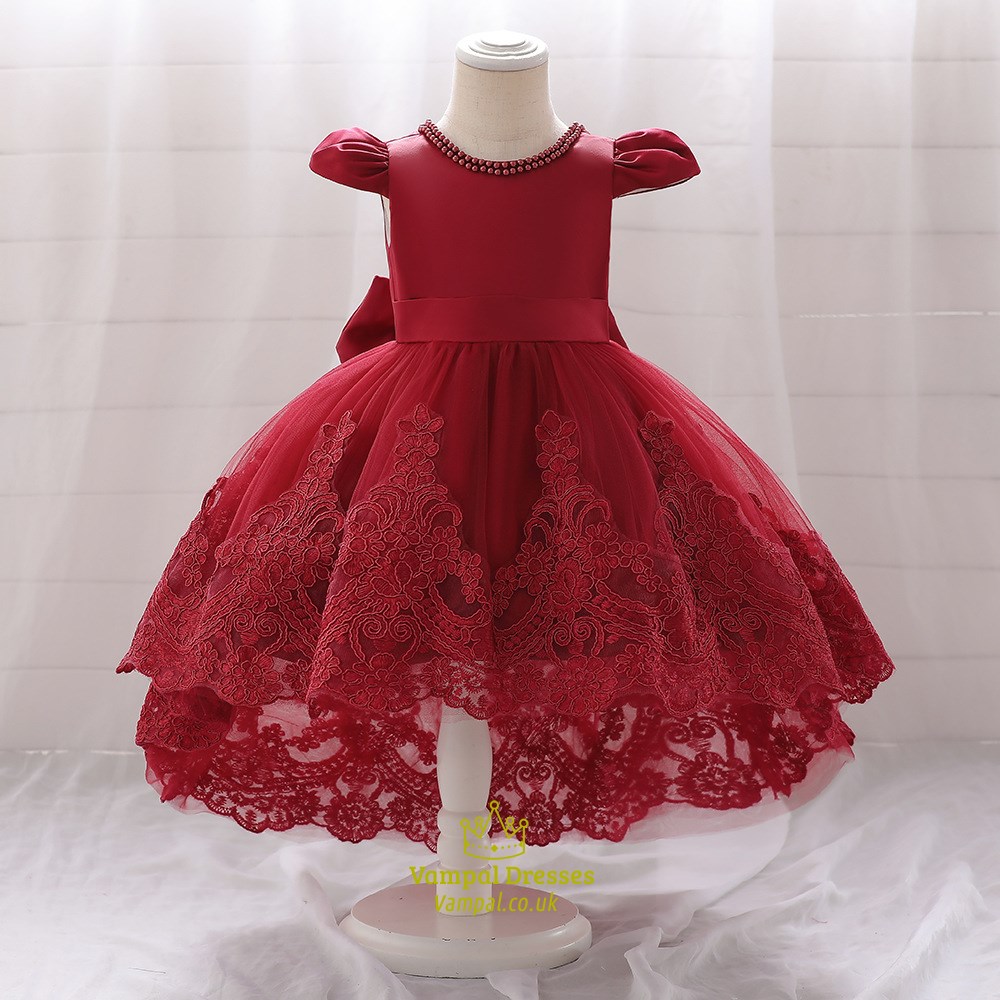 V-Back Tulle Flower Girl Dress With Pearls And Bow