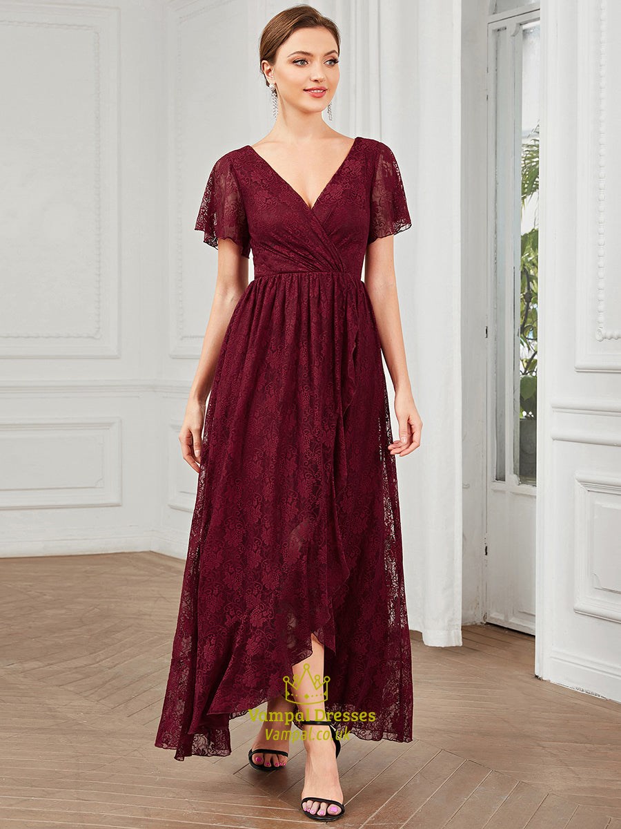 Deep V Neck Short See Through Sleeves A Line Wholesale Evening Dresses