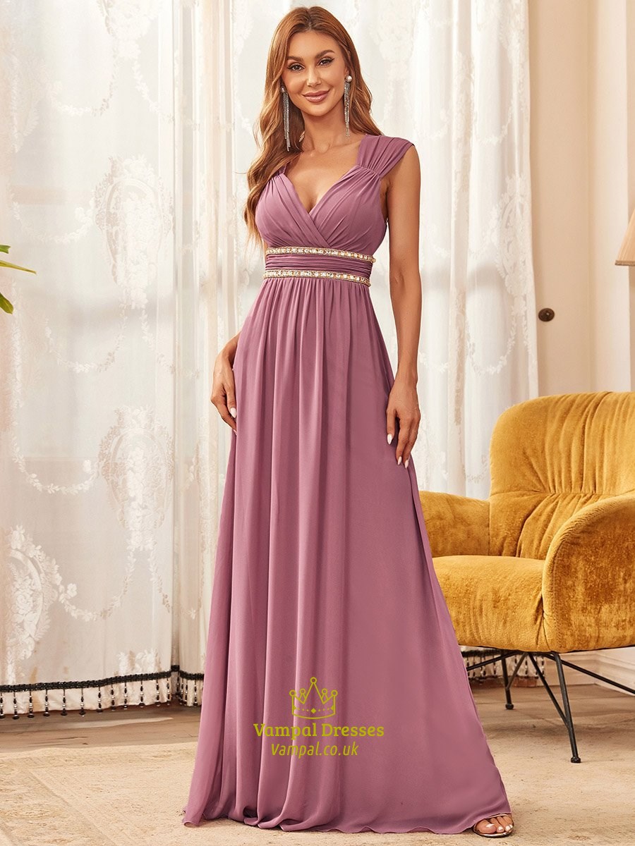 Maxi Lang Großhandel Abendroben V-Ausschnitt Empire Taille Chiffon