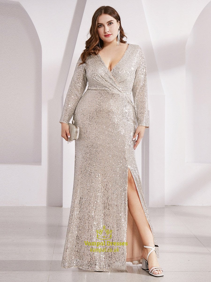 Sequin Wholesale Evening Party Dress Shiny V Neck Plus Size