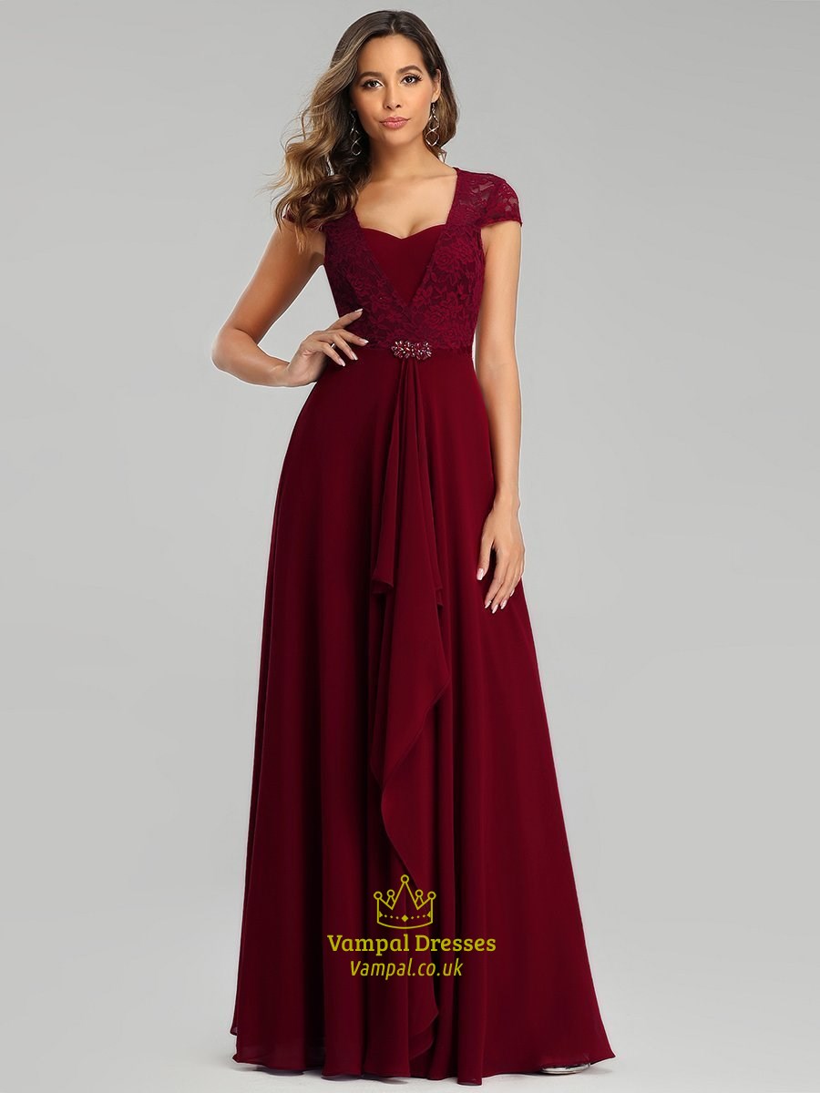 Sweetheart Chiffon Wholesale Bridemaid Dress With Lace Cap Sleeves